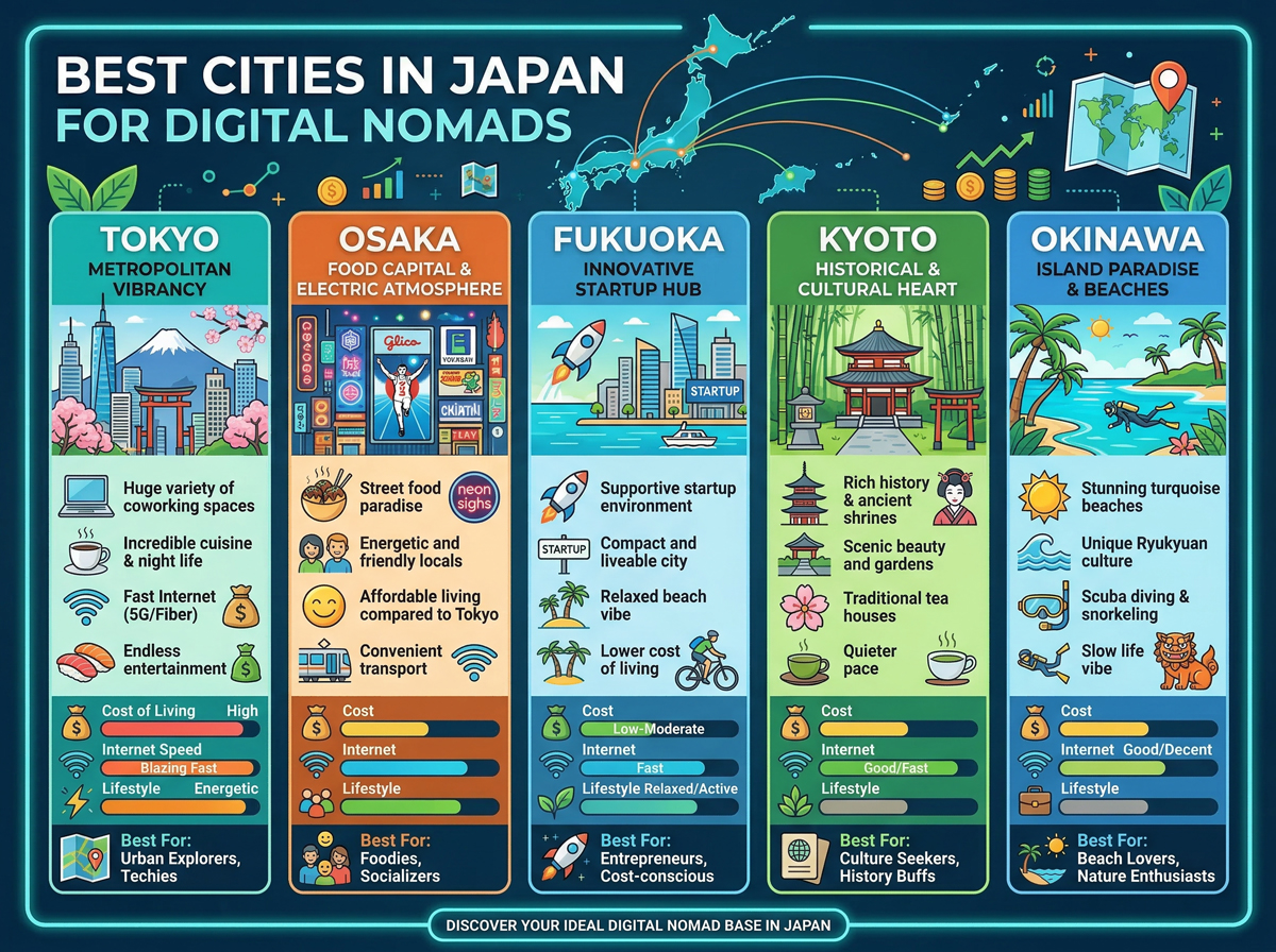 Best cities in Japan for digital nomads including Tokyo Osaka Fukuoka Kyoto and Okinawa