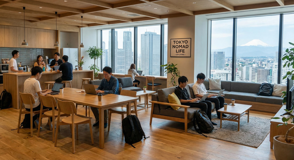 コリビングで生活するデジタルノマドの共有リビングスペース