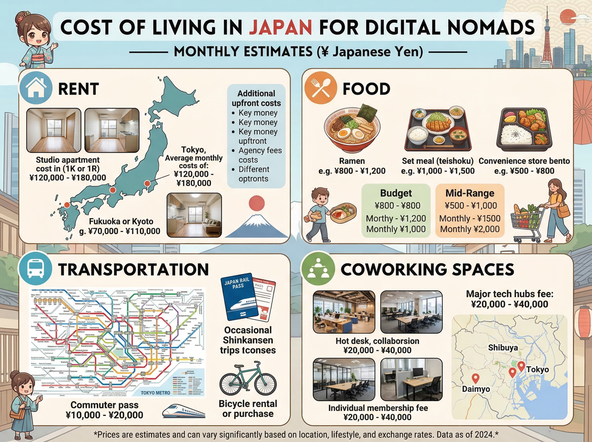 Cost of living in Japan for digital nomads including rent food transportation and coworking spaces