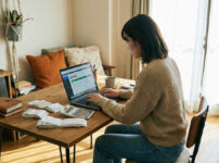 デジタルノマドがノートPCで会計管理をするイメージ