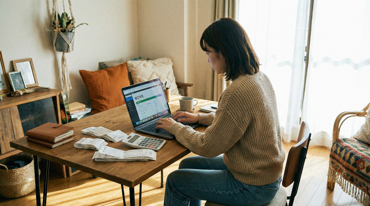 デジタルノマドがノートPCで会計管理をするイメージ