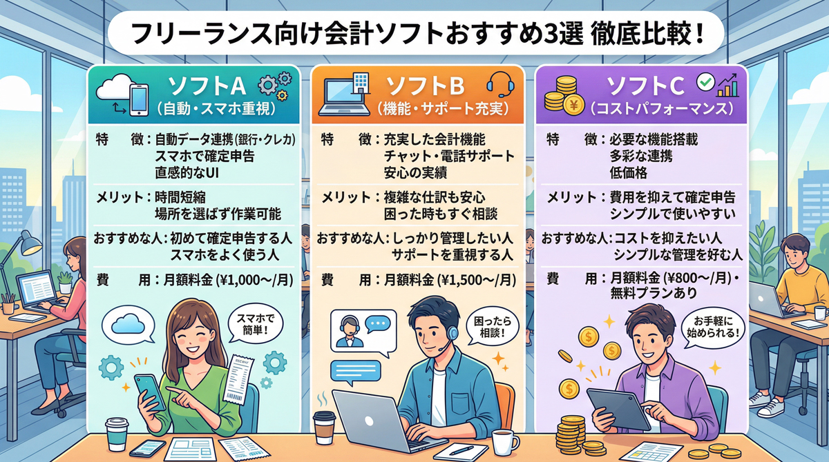 フリーランス向け会計ソフトおすすめ3選を比較するイメージ
