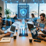 ノートPCで仕事をするデジタルノマドチームと安全な通信ネットワークのイメージ