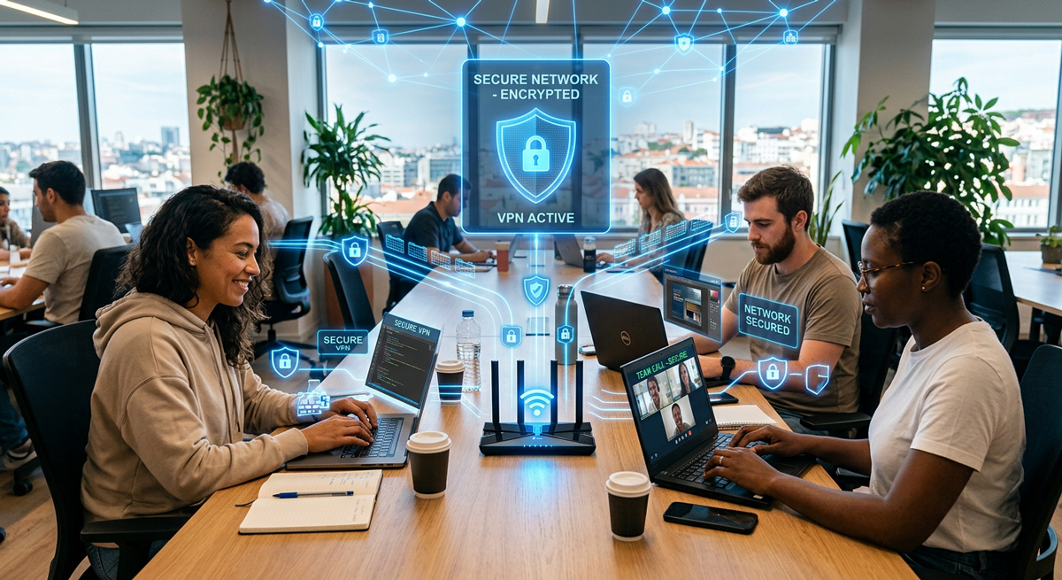 ノートPCで仕事をするデジタルノマドチームと安全な通信ネットワークのイメージ