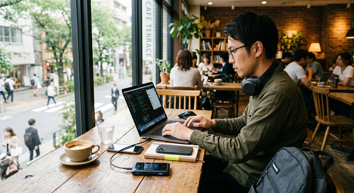 ノマドワーカーがカフェでモバイルWiFiを使って仕事をしている様子
