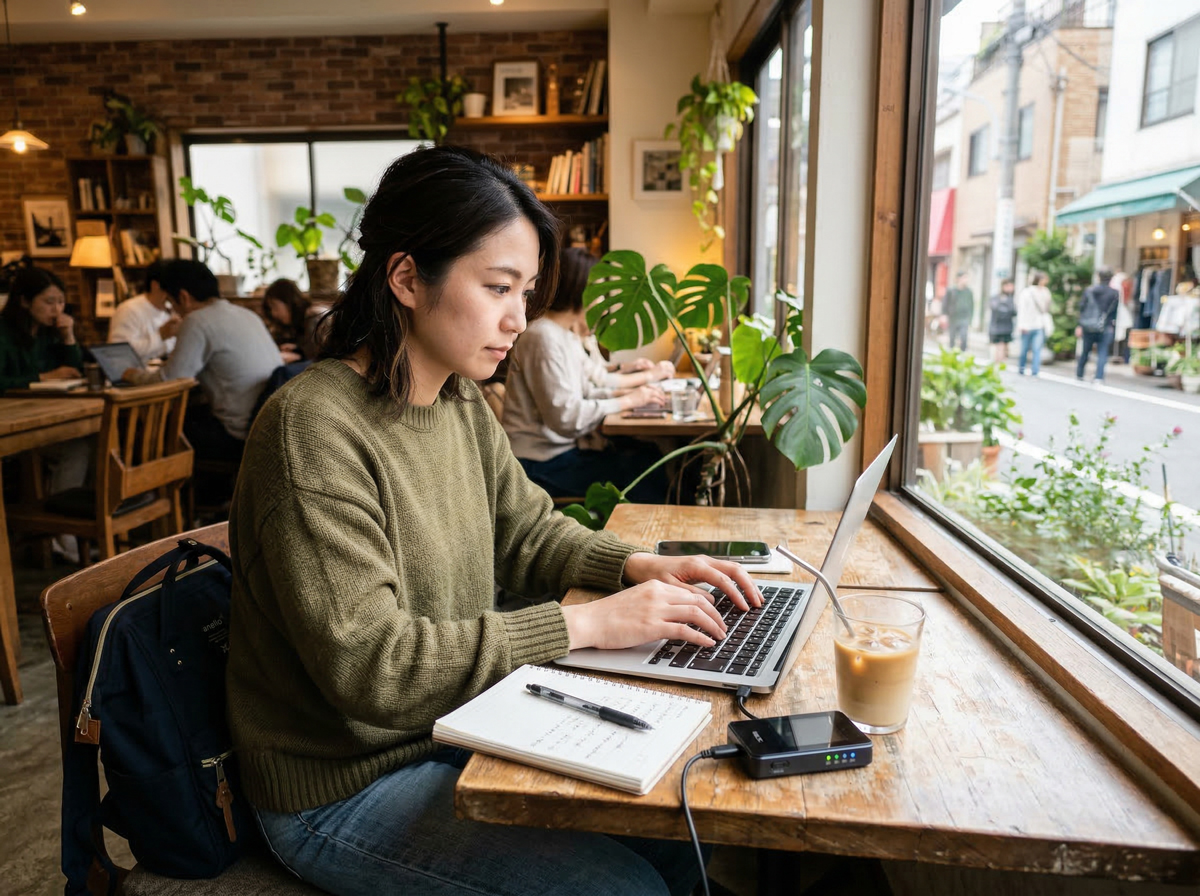 ノマドワーカーがカフェでポケットWiFiを使いながら仕事している様子