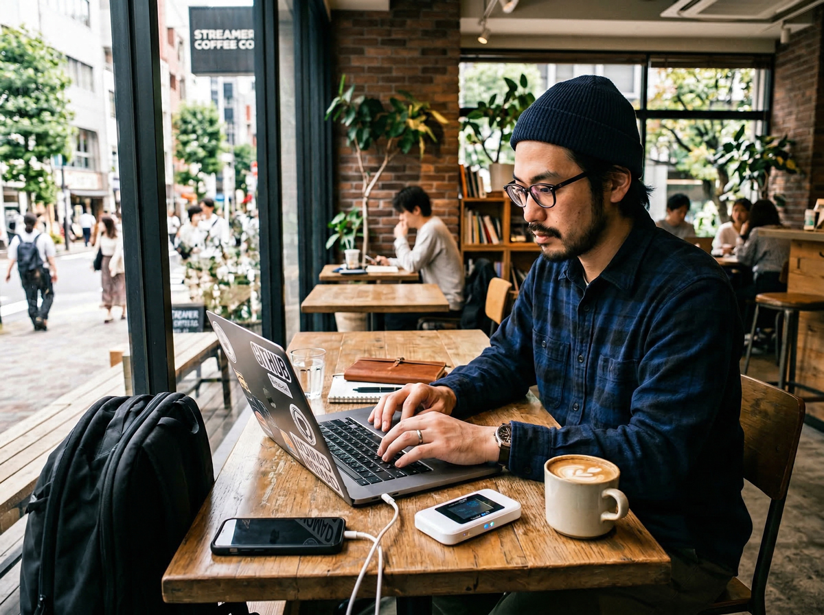 ノートPCとポケットWiFiで仕事をするノマドワーカー