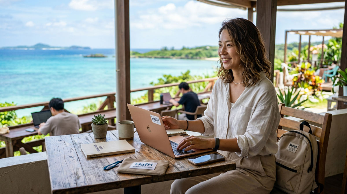 ワーケーション サブスクと在宅ワークで自由に働く女性のイメージ