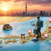 Digital nomad working on a laptop with a Japanese city backdrop; suggests remote work and urban life in Japan.