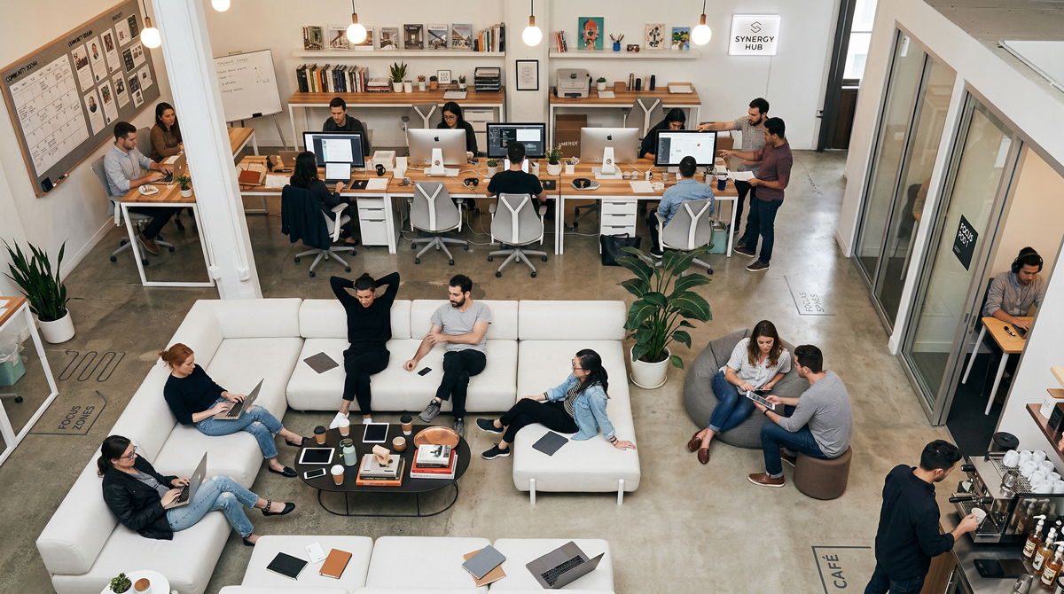 開放的なコワーキングスペースで複数のビジネスパーソンがノートPCで作業している様子