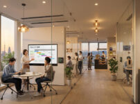 東京都内のコワーキングスペースで法人ワーカーがPCで作業するスタイリッシュなオフィス空間