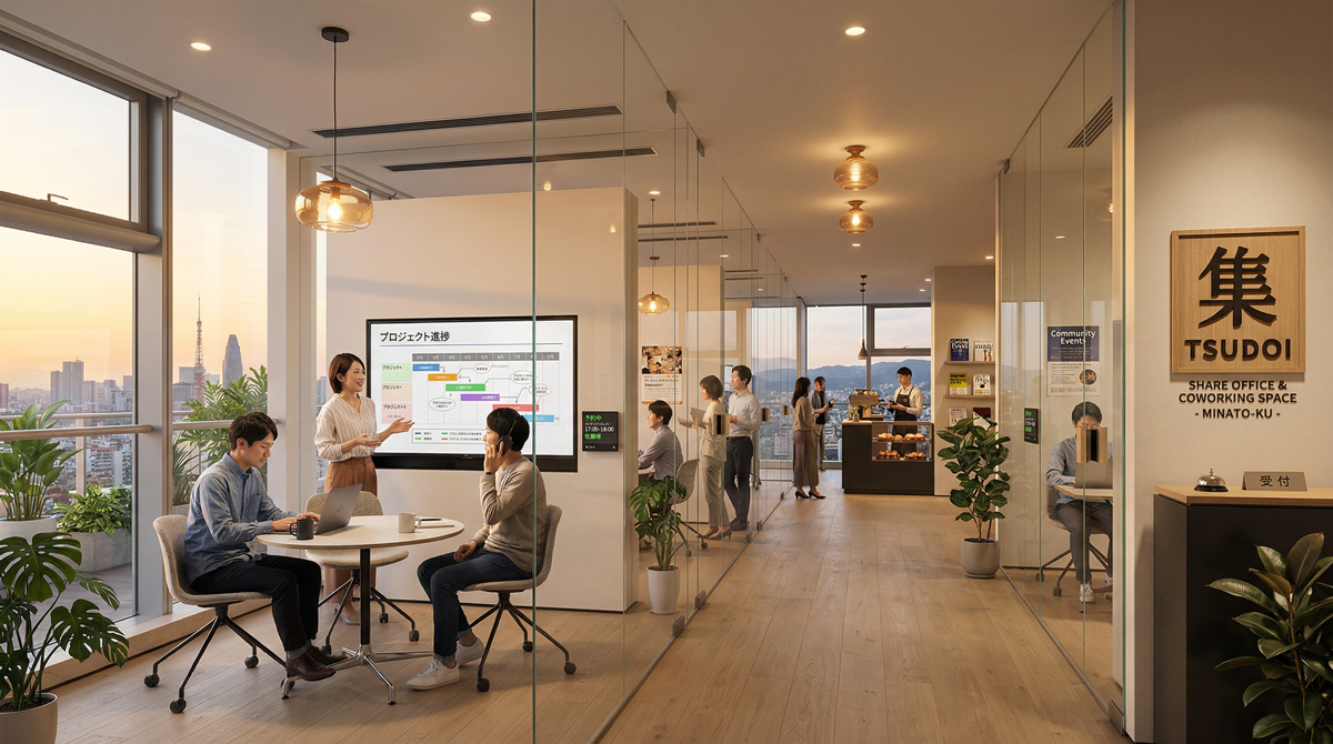 東京都内のコワーキングスペースで法人ワーカーがPCで作業するスタイリッシュなオフィス空間