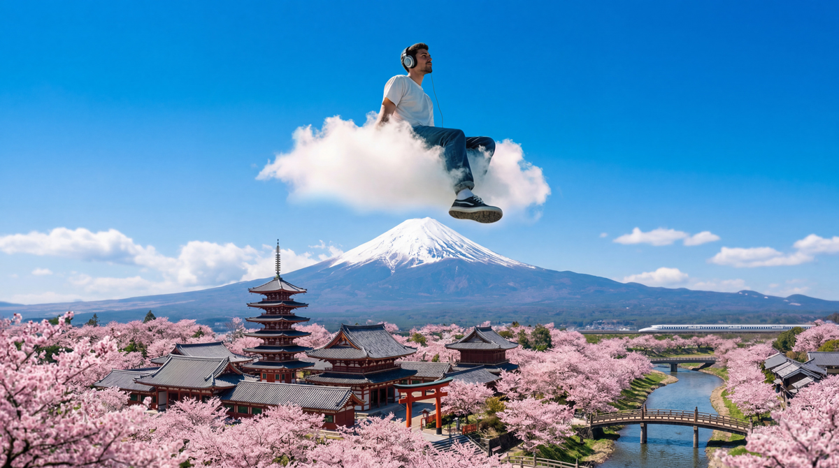 Digital nomad working on a laptop in Japan with a city skyline, highlighting a productive stay setup for foreign visitors