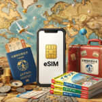 デジタルノマドが海外カフェでMacBookを開きスマートフォンでeSIMを設定している様子