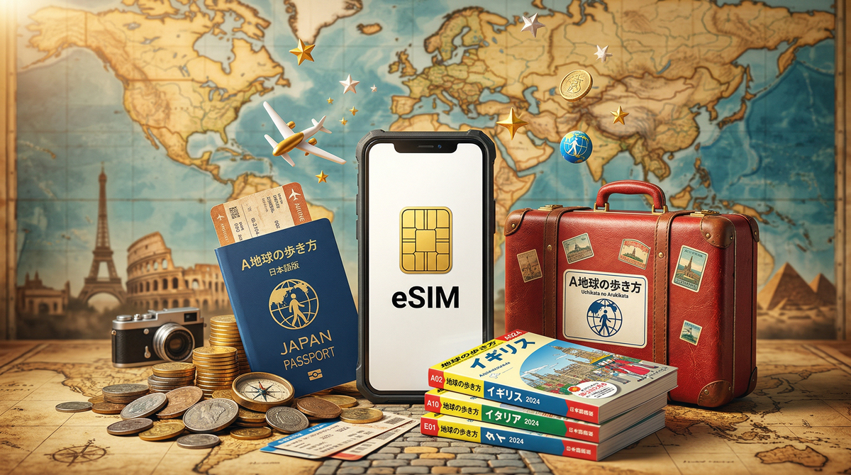 デジタルノマドが海外カフェでMacBookを開きスマートフォンでeSIMを設定している様子